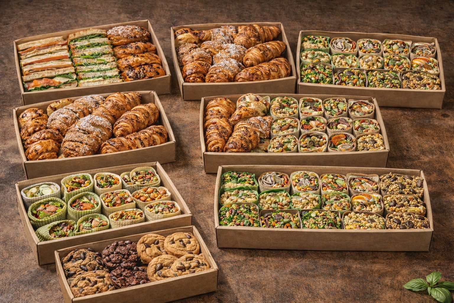 Grain & Grind catering boxes with pastries, wraps and cookies